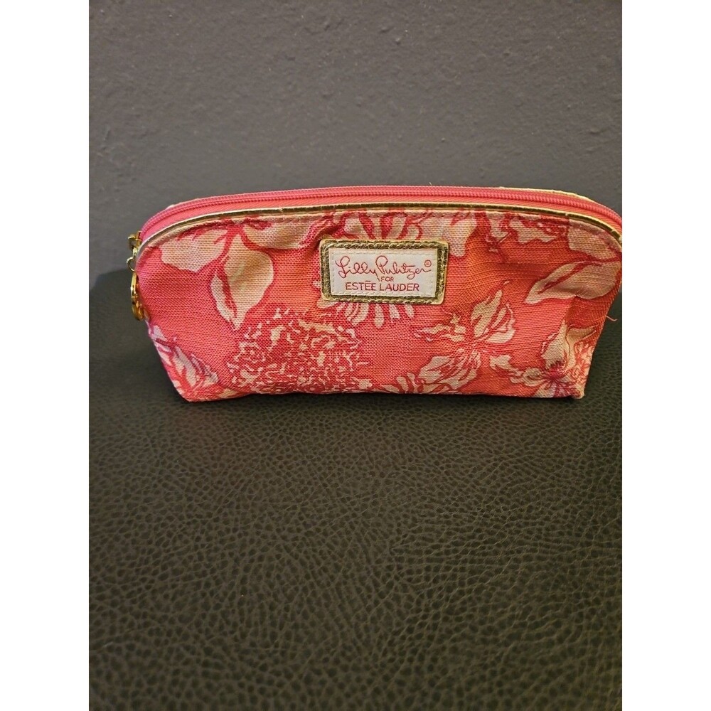 Lilly Pulitzer for Estee Lauder PINK Floral‎ Cosmetic Bag w/ Gold Trim Travel
